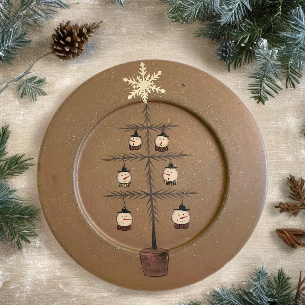 Donna White Snowman Tree Christmas Plate Primitive Folk Art Holiday Decor 9.5"
